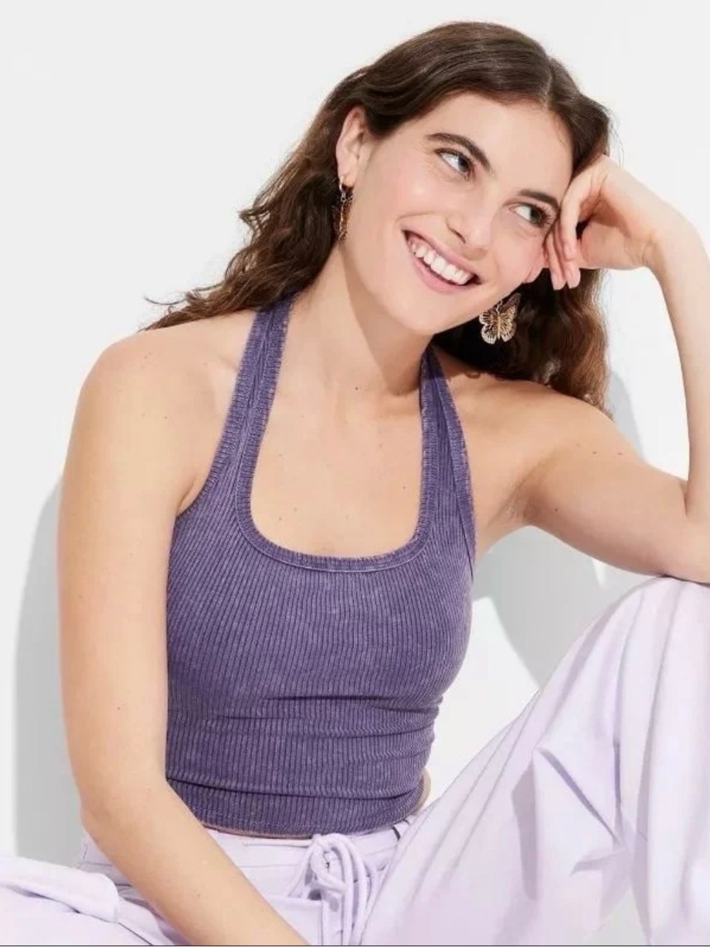 Women Ribbed Halter Crop Top Lavender